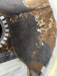 Air duct supply plenum coated in grime before cleaning, Cypress TX 77433